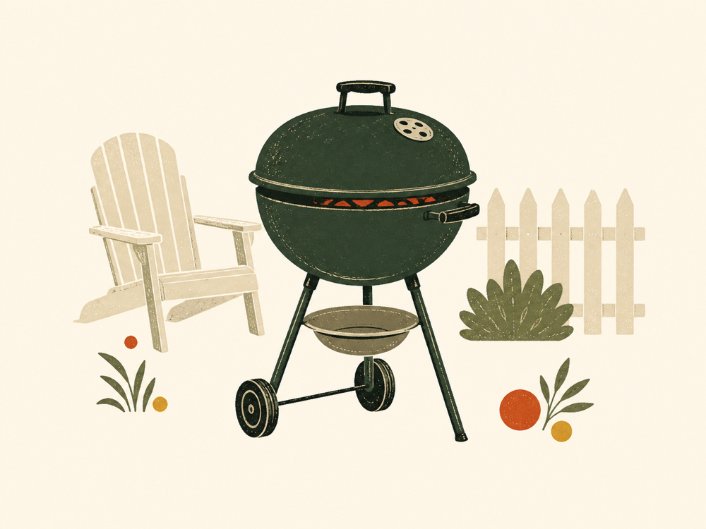 An illustrated backyard charcoal grill, chair, and garden